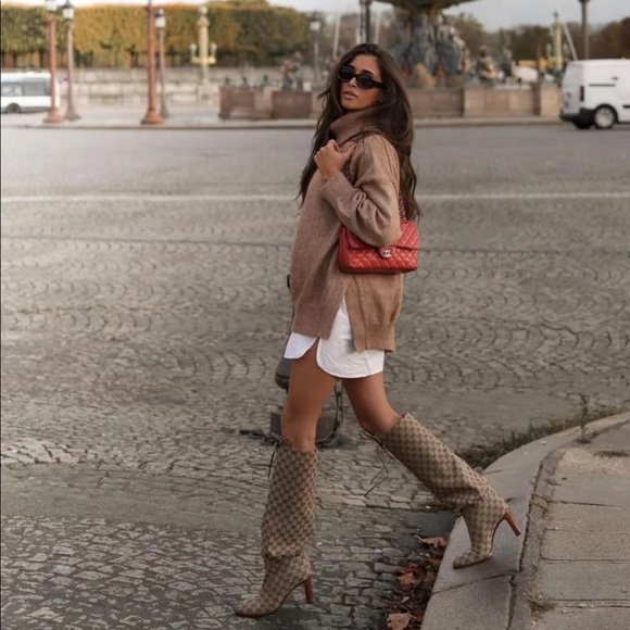 GUCCI Monogram Lisa Mid Heel Boots 38.5 Beige - Picture 2 of 10